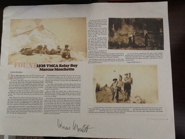 Copy of "Scouts" 2013 PCT Communicator article autographed by an original "Relay Boy" Marcus Moschetto